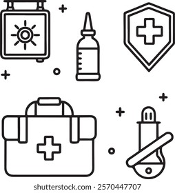 Medical and Healthcare web icons in line style. Medicine, check up, doctor, dentistry, pharmacy, lab, scientific discovery, collection.