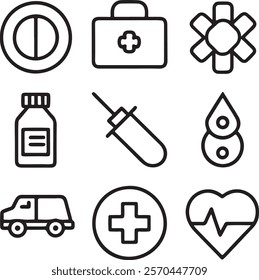 Medical and Healthcare web icons in line style. Medicine, check up, doctor, dentistry, pharmacy, lab, scientific discovery, collection.