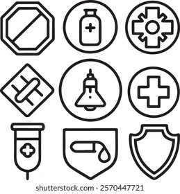Medical and Healthcare web icons in line style. Medicine, check up, doctor, dentistry, pharmacy, lab, scientific discovery, collection.