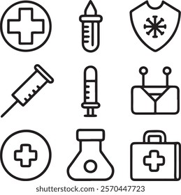 Medical and Healthcare web icons in line style. Medicine, check up, doctor, dentistry, pharmacy, lab, scientific discovery, collection.