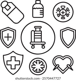 Medical and Healthcare web icons in line style. Medicine, check up, doctor, dentistry, pharmacy, lab, scientific discovery, collection.