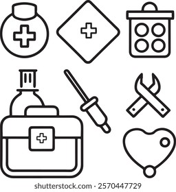 Medical and Healthcare web icons in line style. Medicine, check up, doctor, dentistry, pharmacy, lab, scientific discovery, collection.