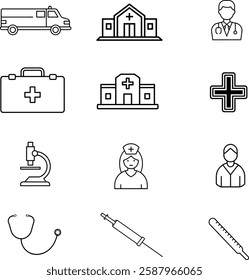 Medical and Healthcare web icons in line style. Medicine, check up, doctor, dentistry, pharmacy, lab, scientific discovery, collection. Vector illustration on white.