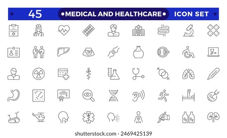 Medical and Healthcare web icons in Outline style. Medicine, check up, doctor, dentistry, pharmacy, lab, scientific discovery, collection. 
