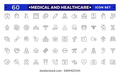 Medical and Healthcare web icons in Outline style. Medicine, check up, doctor, dentistry, pharmacy, lab, scientific discovery, collection. 
