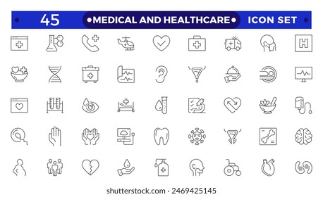 Medical and Healthcare web icons in Outline style. Medicine, check up, doctor, dentistry, pharmacy, lab, scientific discovery, collection. 
