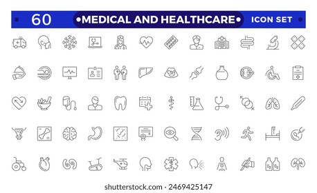 Iconos web médicos y sanitarios en estilo Outline. Medicina, chequeo, doctor, odontología, farmacia, laboratorio, descubrimiento científico, colección. 
