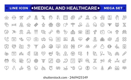 Medical and Healthcare web icons in Outline style. Medicine, check up, doctor, dentistry, pharmacy, lab, scientific discovery, collection.