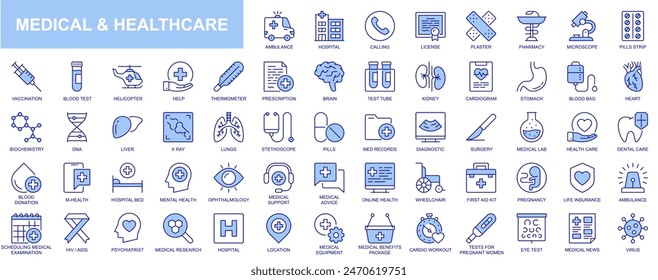 Medical and healthcare web icons set in duotone outline stroke design. Pack pictograms with ambulance, hospital, pharmacy, microscope, vaccination, help, prescription, diagnostic. Vector illustration.