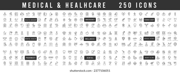 Iconos de la línea web médica y de salud. Medicina, chequeo médico, odontología, farmacia, cuerpo, colección científica, etc. Trazo editable