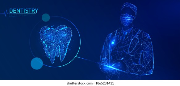 Medical healthy human tooth 3d. Medicine model low poly. Doctor online concept. Medical consultation app. Web healthcare dentist stomatologist modern technology. Teeth treatment website page design.