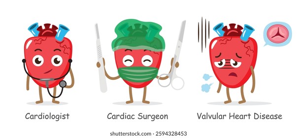 Medical heart cartoon characters include cardiologist, cardiac surgeon and patient with valvular heart disease . Isolated on white background . Vector .