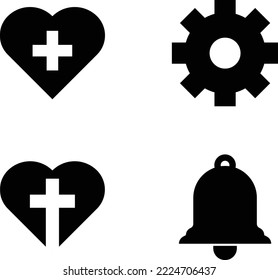 Medical Heart Cross, Religion Heart Cross, Bell and Settings Icon Set