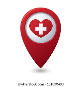 Medical heart icon with cross on red map pointer.