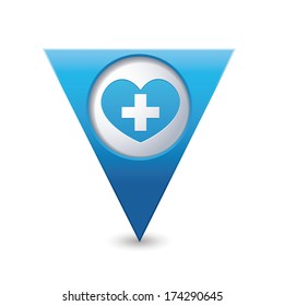Medical heart icon with cross on blue triangular map pointer.