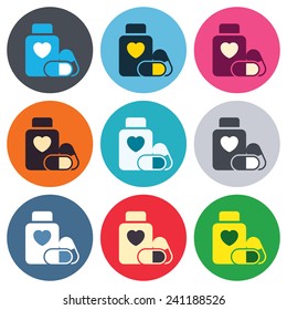 Medical heart pills bottle sign icon. Pharmacy medicine drugs symbol. Colored round buttons. Flat design circle icons set. Vector