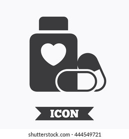 Medical heart pills bottle sign icon. Pharmacy medicine drugs symbol. Graphic design element. Flat medical pills symbol on white background. Vector