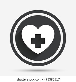 Medical heart sign icon. Cross symbol. Circle flat button with shadow and border. Vector