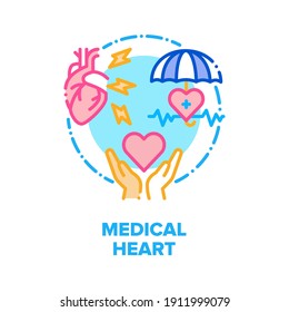 Medical Heart Vector Icon Concept. Heart Attack Disease And Treatment, Medicaments And Exercises For Healthcare Organ, Cardiology Examination And Health Support. Hospital Treat Color Illustration