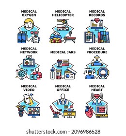 Medical helicopter ambulance, oxygen tank, jar bottle, video online, network technology, office hospital, procedure doctor, record patient, heart cardiology set vector concept color illustration