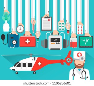 Medical helicopter flat concept design with doctor.Vector illustration
