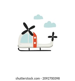 Medical helicopter. Hand drawn ambulance plane, city emergency sky transport, childish t-shirt print and poster collection, vector cartoon isolated set