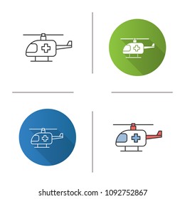 Medical helicopter icon. Air ambulance. Flat design, linear and color styles. Isolated vector illustrations
