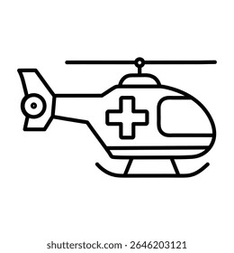 Medical helicopter line art icon isolated on white background.  Perfect for healthcare, emergency services, hospital design, safety infographics, mobile apps, and educational materials. 