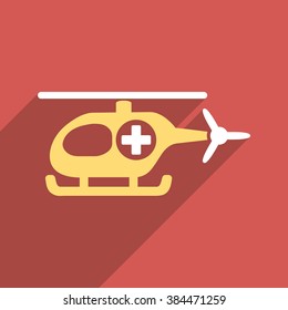 Medical Helicopter long shadow vector icon. Style is a light flat symbol on a red square button.