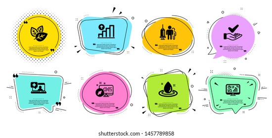 Medical help, Analytics graph and Dermatologically tested line icons set. Chat bubbles with quotes. Web system, Graph chart and Fuel energy signs. Organic tested, Medical vaccination symbols. Vector