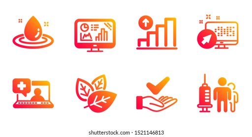 Medical help, Analytics graph and Dermatologically tested line icons set. Web system, Graph chart and Fuel energy signs. Organic tested, Medical vaccination symbols. Vector