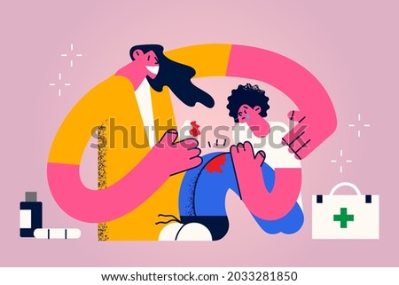 Medical help and assistance concept. Young smiling mother cartoon character sitting and putting cotton aid to blooding injured knee of her crying son vector illustration 