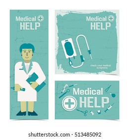 Medical help banners set with nursing staff figurine and instruments for healthcare flat vector illustration