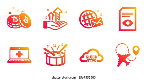 Medical help, Bitcoin and Analysis graph line icons set. Quick tips, World mail and Drums signs. View document, Airplane symbols. Medicine laptop, Cryptocurrency coin. Business set. Vector