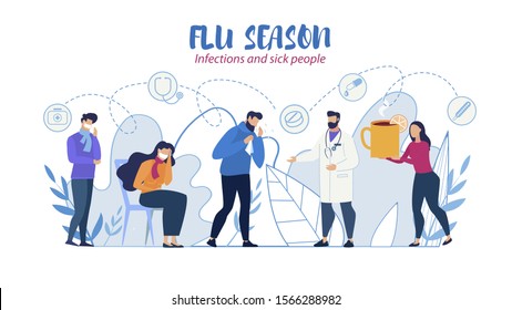 Medical Help and Care for Sick People Flat Poster. Man and Woman in Scarf Coughing, Blowing Nose and Sneezing. Doctor and Female Character with Cup of Tea. Flu Treatment. Vector Cartoon Illustration