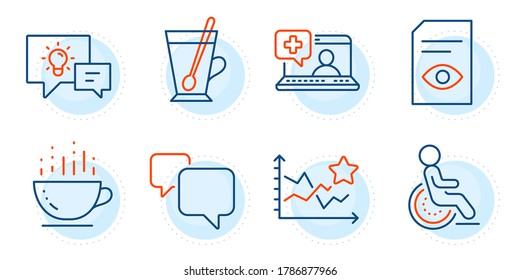 Medical help, Coffee cup and View document signs. Ranking stars, Speech bubble and Disability line icons set. Idea lamp, Tea mug symbols. Winner results, Chat message. Business set. Vector