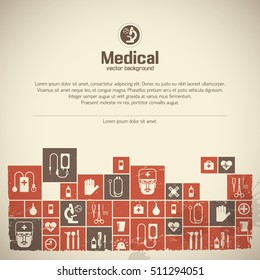 Medical help design background with text and health symbols flat vector illustration