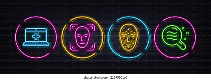 Ayuda médica, detección de caras y biometría facial iconos mínimos de línea. Luces 3d láser neón. Iconos de estado de la piel. Para web, aplicación, impresión. Vector