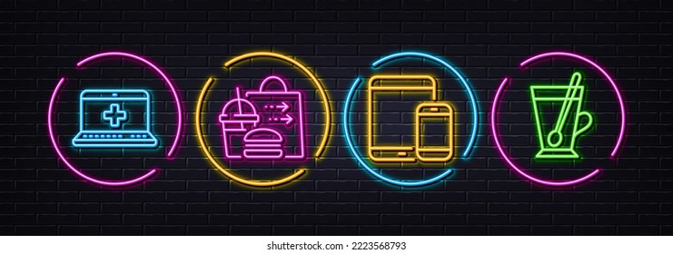 Medical help, Food delivery and Mobile devices minimal line icons. Neon laser 3d lights. Tea mug icons. For web, application, printing. Vector