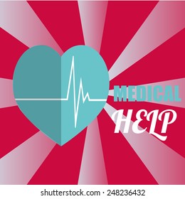 medical help, heart and electrocardiogram illustrator over blue color background