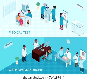 Medical Help Horizontal Banners With Doctors And Nurses Involved In Testing And Orthopedic Surgery Isometric Vector Illustration 