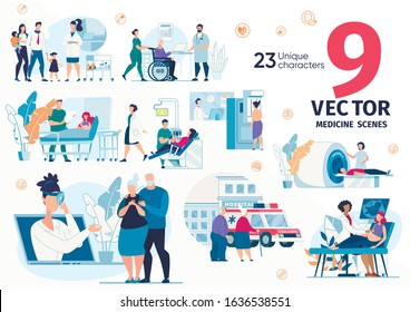 Medical Help, Hospital Or Clinic Services For Families, Pregnant Women, Senior People Trendy Flat Vector Scenes, Concepts Set. Family Doctor Appointment, MRI And Ultrasonic Screening Illustrations