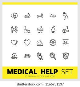 Medical help icons. Set of line icons. Laboratory, heart decease, virus. Medicine concept. Vector illustration can be used for topics like decease prevention, medical research, protection.