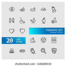 Medical help icons. Set of line icons. Laboratory, heart decease, virus. Medicine concept. Vector illustration can be used for topics like decease prevention, medical research, protection.