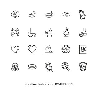 Medical help icons. Set of twenty line icons. Laboratory, heart decease, virus. Medicine concept. Vector illustration can be used for topics like decease prevention, medical research, protection.