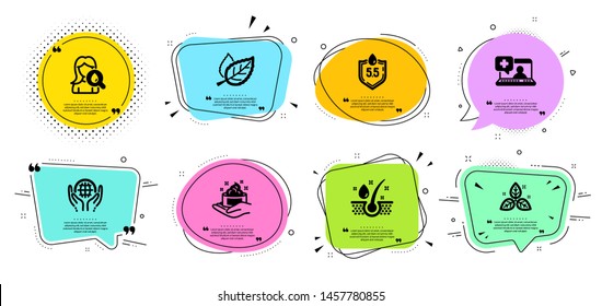 Medical help, Leaf and Fair trade line icons set. Chat bubbles with quotes. Moisturizing cream, Skin care and Serum oil signs. Ph neutral, Organic tested symbols. Vector