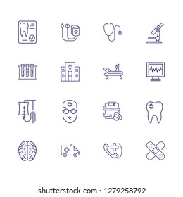 Medical help line icon set. Ambulance, dentist, brain. Medicine concept. Can be used for topics like lab test, emergency, diagnosis