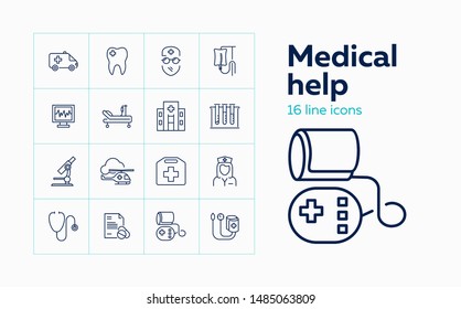 Medical help line icon set. Doctor, hospital, stethoscope. Medicine concept. Can be used for topics like ambulance, emergency, health care