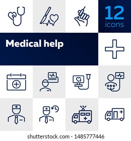 Medical help line icon set. Stethoscope, injection, doctor, ambulance. Medicine concept. Can be used for topics like hospital, first aid, emergency