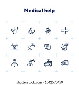 Medical help line icon set. Stethoscope, injection, doctor, ambulance. Medicine concept. Can be used for topics like hospital, first aid, emergency